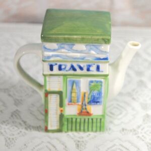 Vintage Double-Sided Ceramic Teapot Travel Agency Luggage Shop Theme Collectible